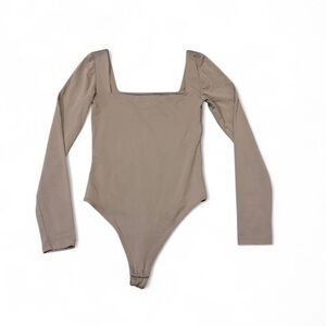 Babaton Tan Long Sleeve Bodysuit with Square Neckline